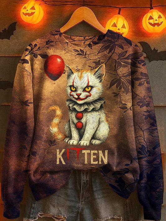 Halloween Cat Print Long Sleeve Casual Top