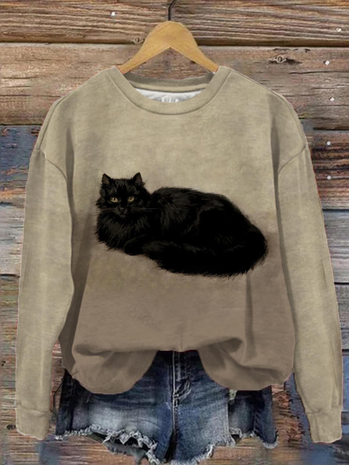 Women's Retro Black Cat Print Crew Neck Long Sleeve Top