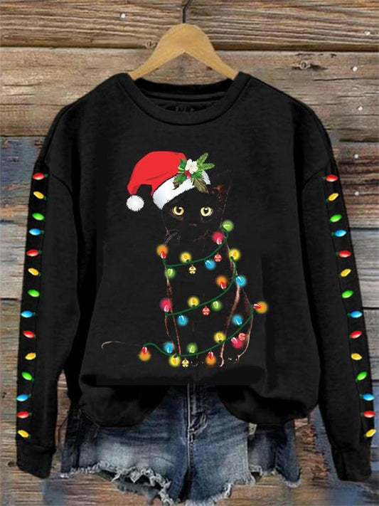 Black Santa Cat Lights Christmas Print Long Sleeve Casual Sweatshirt