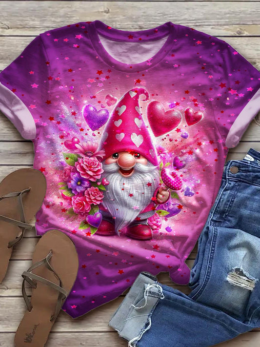 Women's Valentine's Day Flower Gnome Print Crew Neck T-shirt