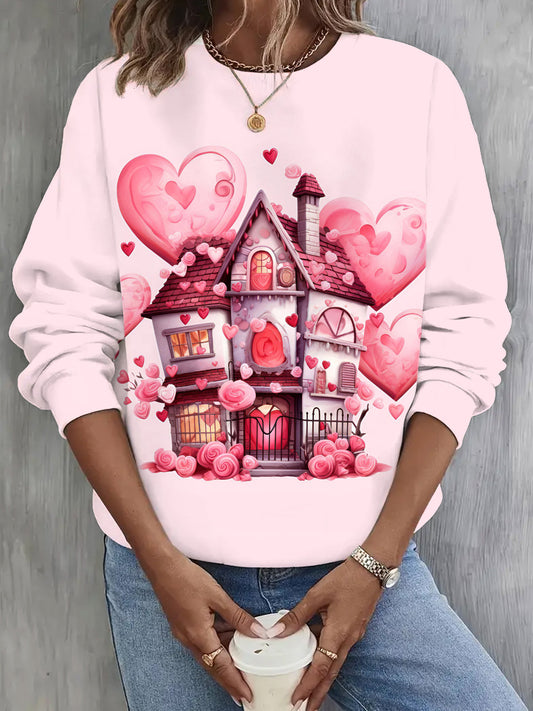 Women's Love House Print Long Sleeve Casual Top