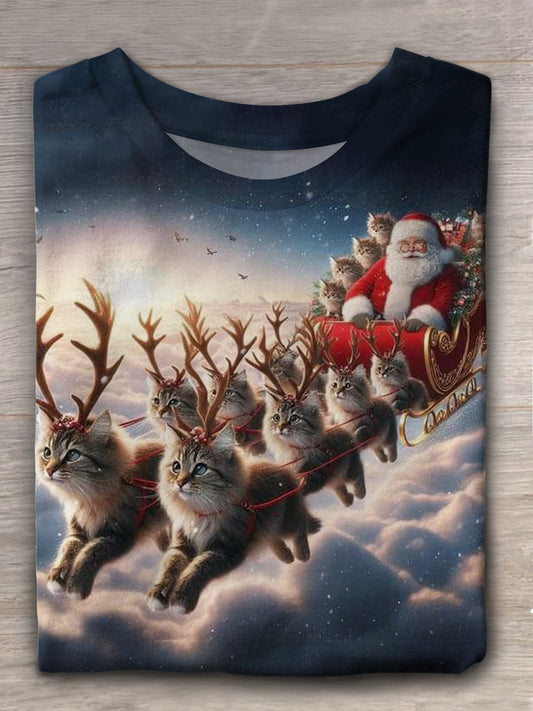 Fluffy Cats Pulling Sleigh In Winter Crew Neck T-shirt