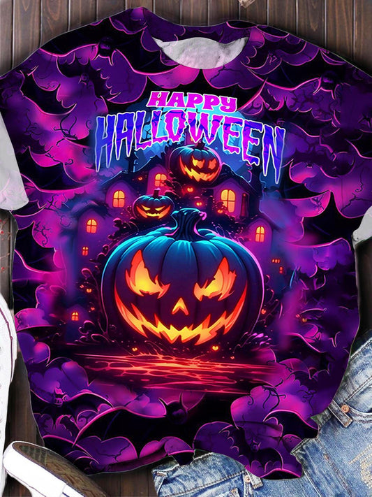 Halloween Bat Pumpkin Print Round Neck Short Sleeve T-shirt