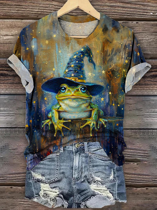 Women's Frog Ink Flower Print Round Neck T-shirt