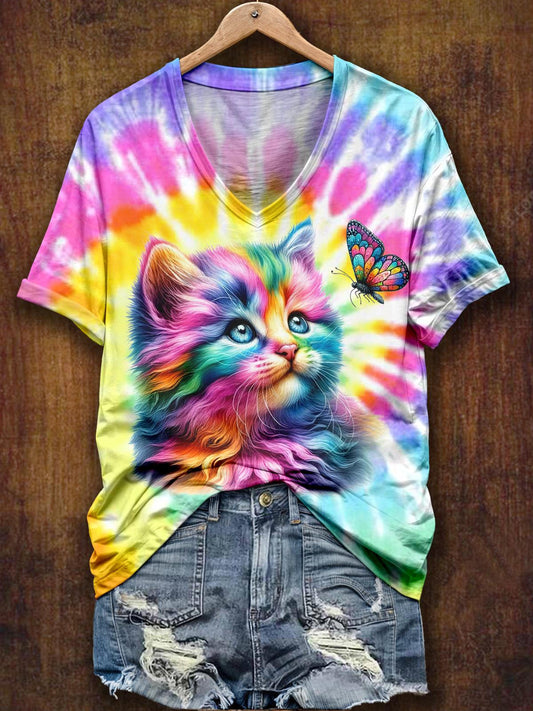 Tie Dye Cat And Butterfly V-Neck Short Sleeve T-Shirt