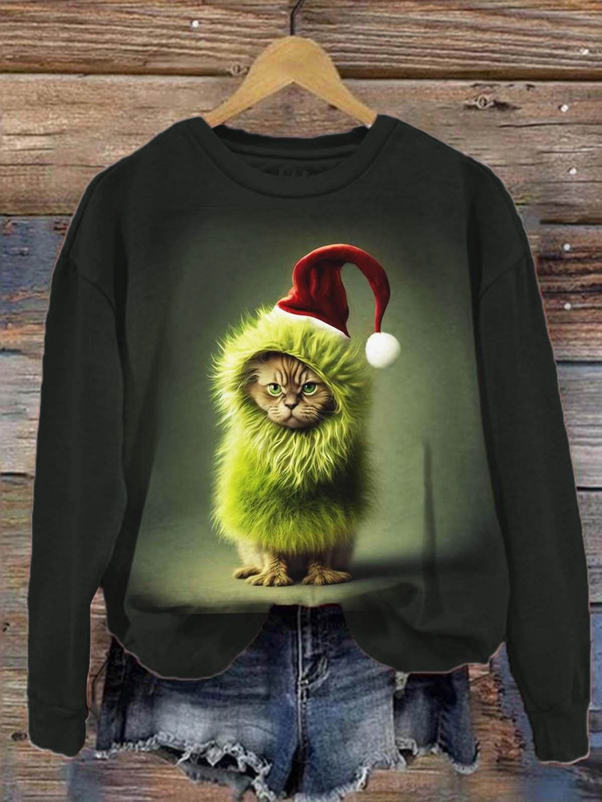 Women's Christmas Funny Cat Print Long Sleeve Top