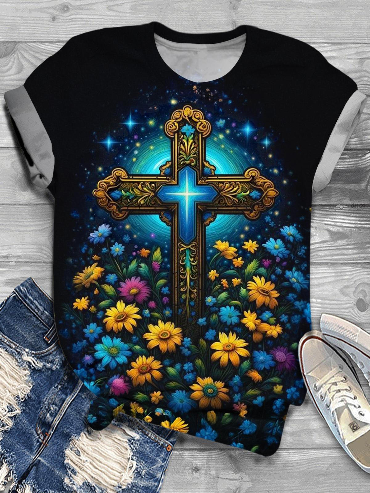 Women's Cross Flowers Faith Crew Neck T-shirt