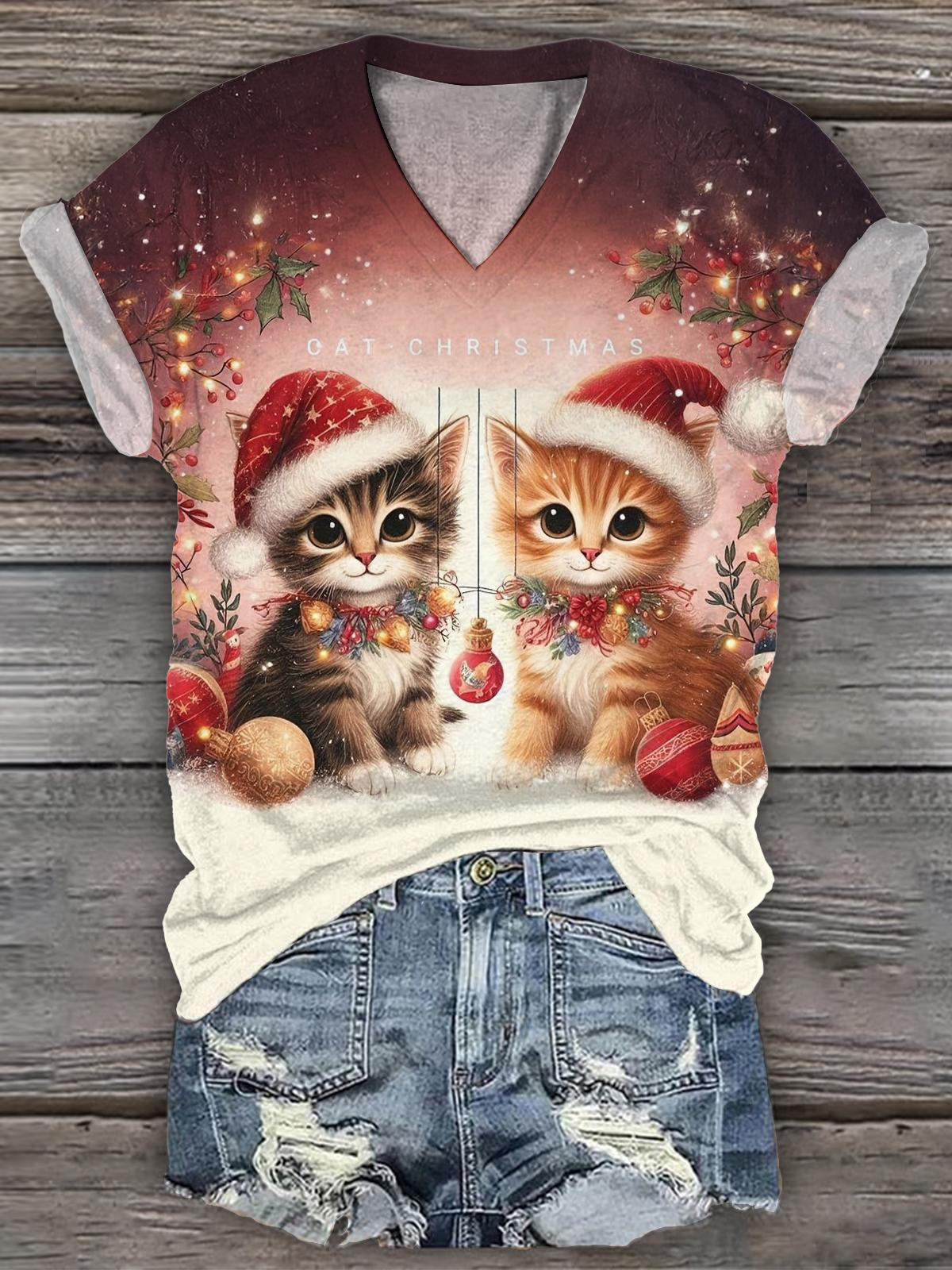 Cat Christmas V-Neck T-Shirt