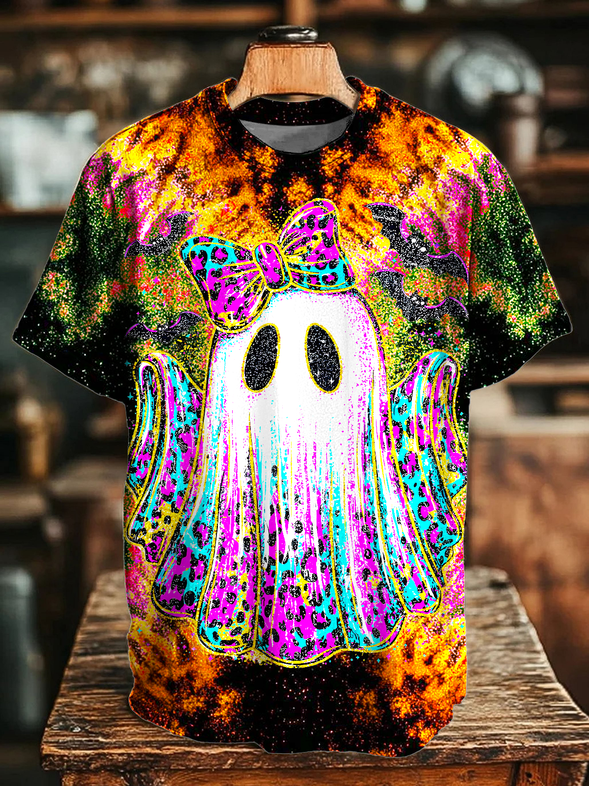Retro Tie-dye Halloween Ghost Crew Neck T-shirt