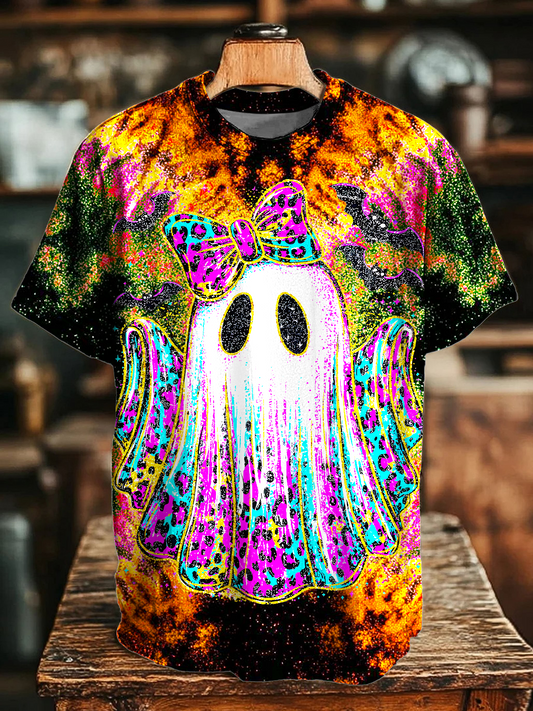 Retro Tie-dye Halloween Ghost Crew Neck T-shirt