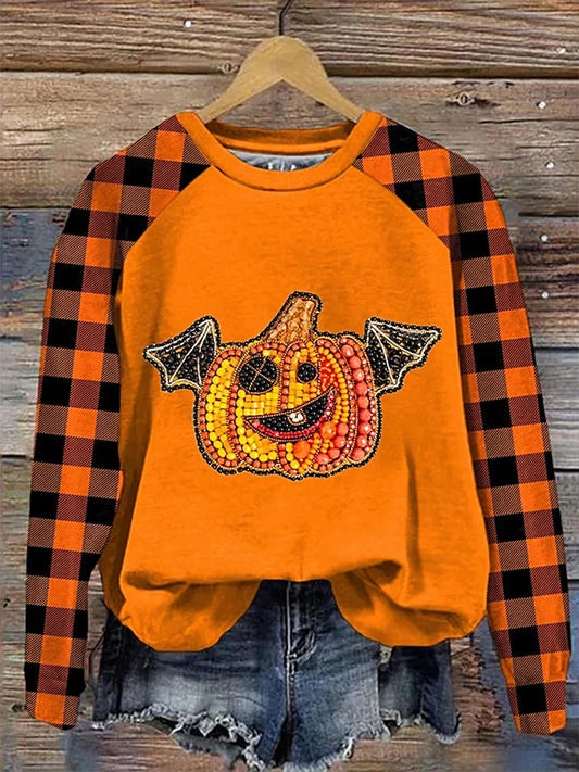 Halloween Pumpkin Bat Print Plaid Raglan Long Sleeve Sweatshirt