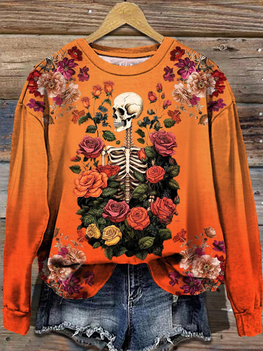 Women's Rose Skull Round Neck Long Sleeve Top