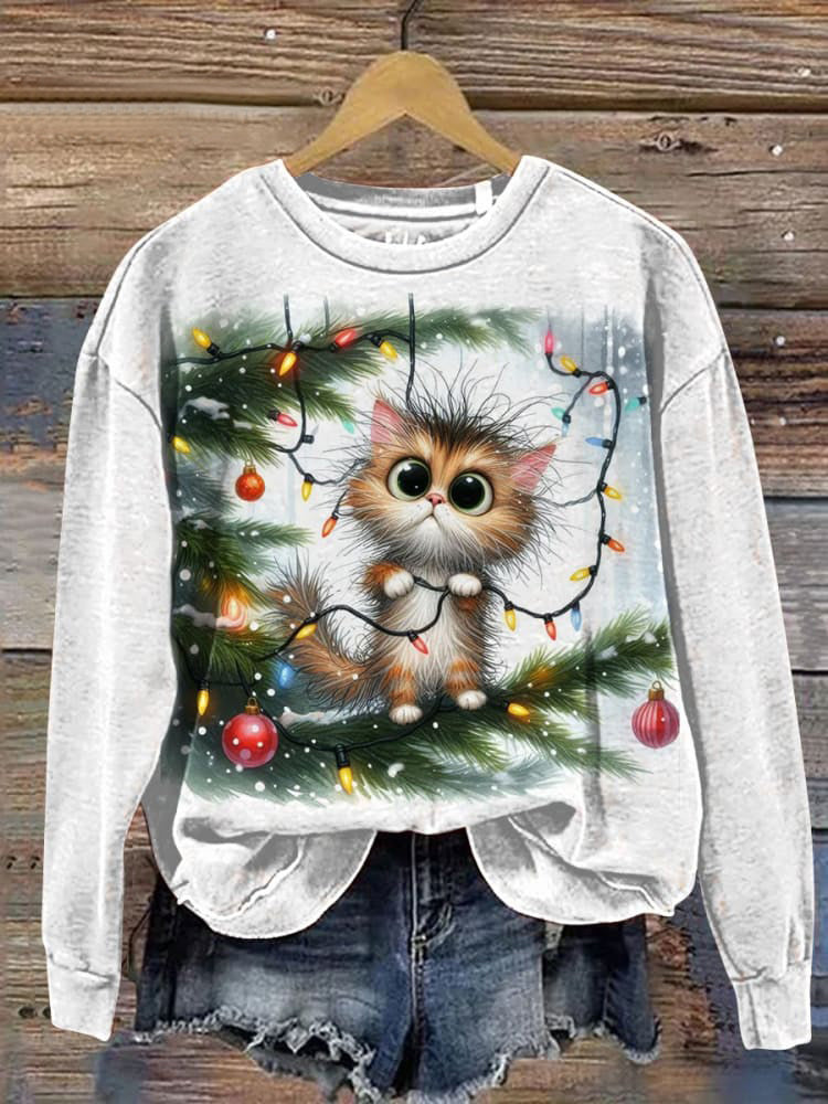 Christmas Cute Cat Printed Long Sleeve Casual Top