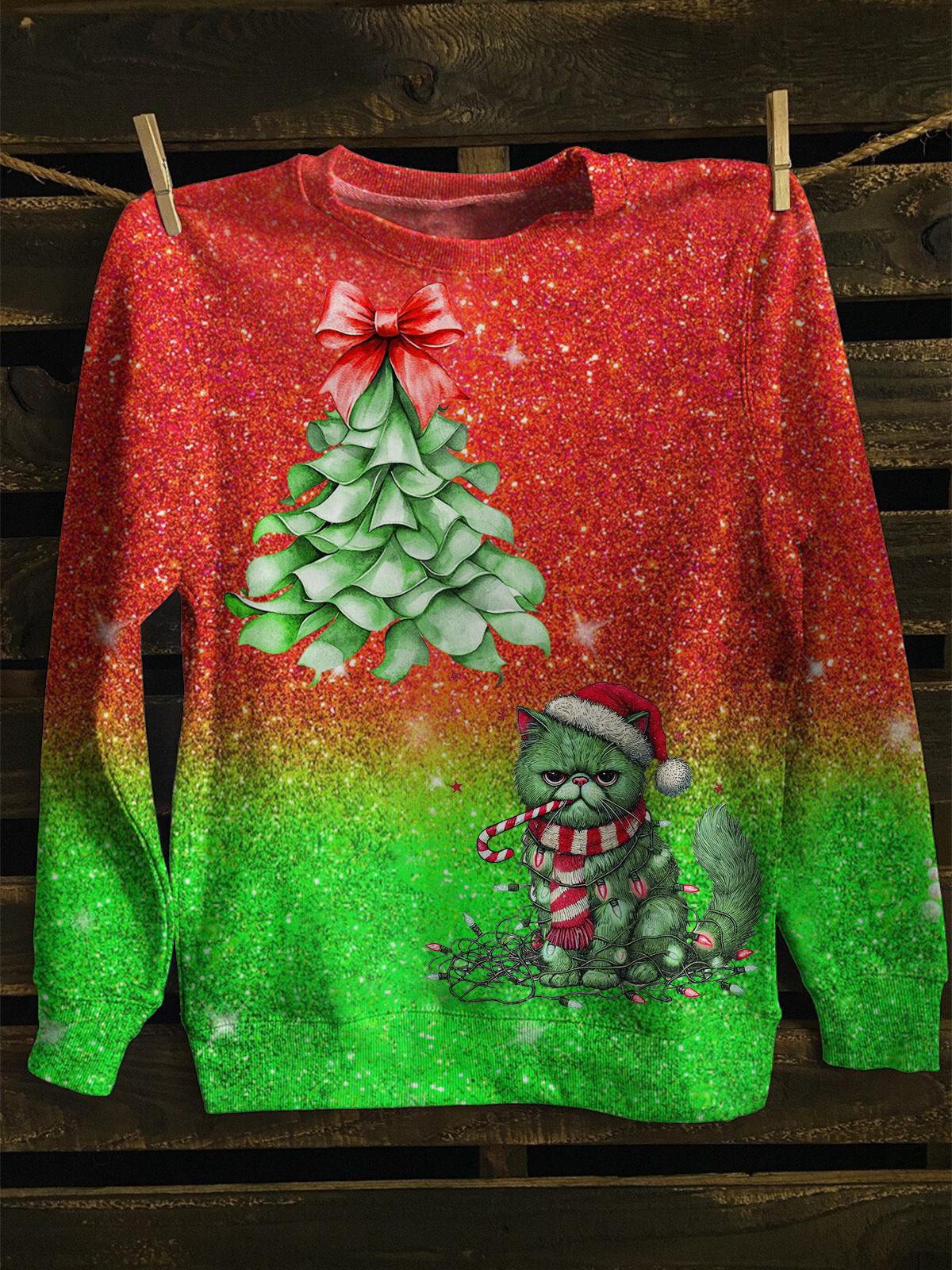 Funny Christmas Tree And Cat Long Sleeve Casual Top