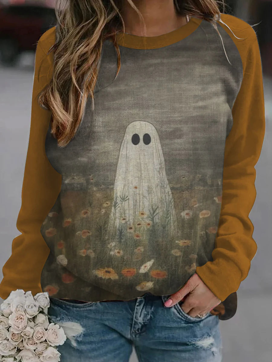 Gloomy Ghost Print Raglan Long Sleeve Sweatshirt