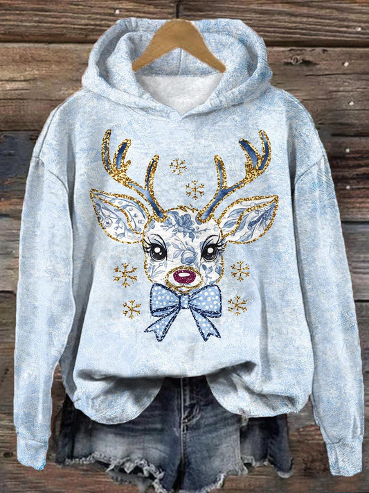 Winter Elk Snowflake Christmas Print Long Sleeve Top