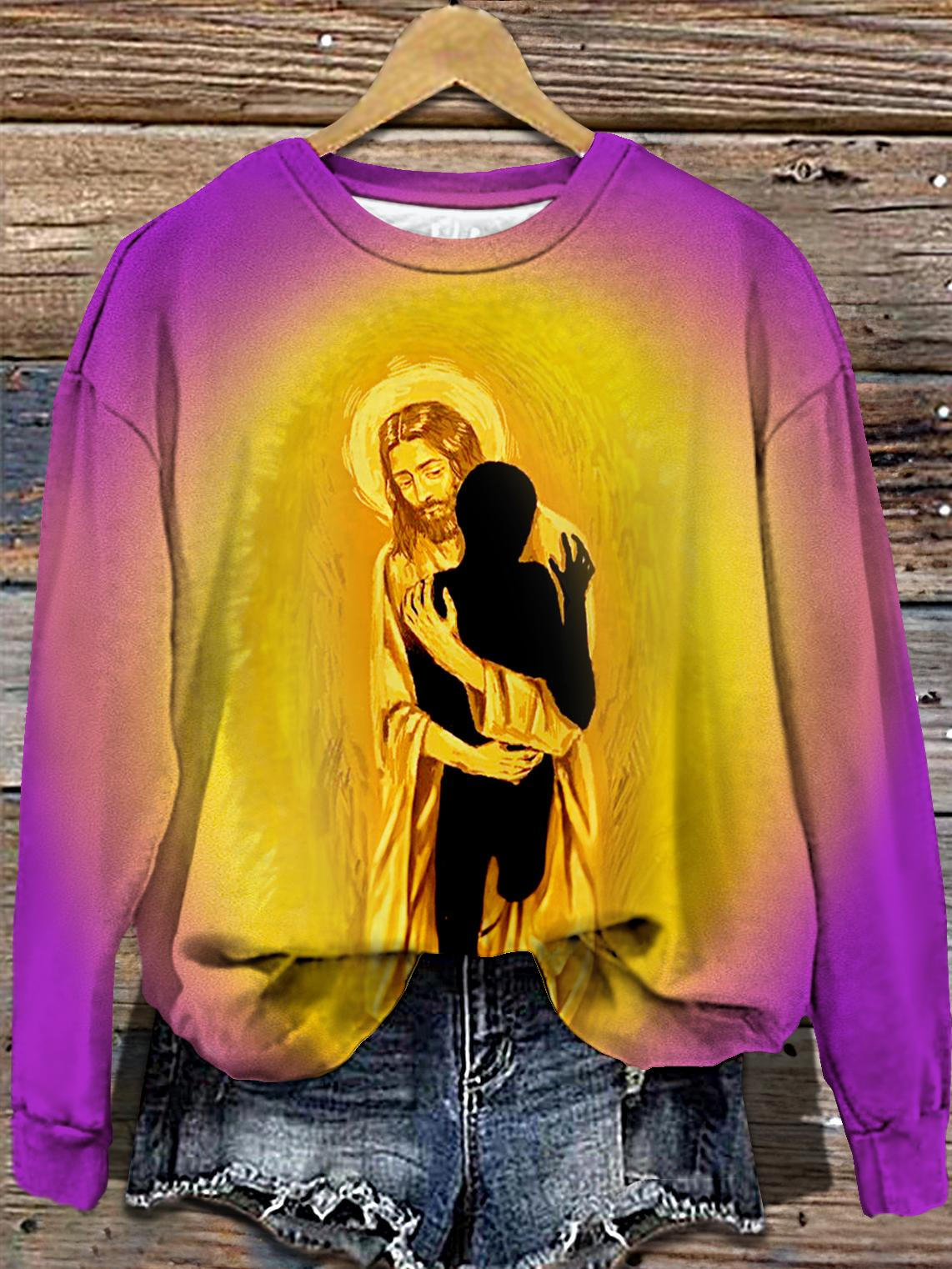 Women's Christian Jesus Embrace Round Neck Long Sleeve Top