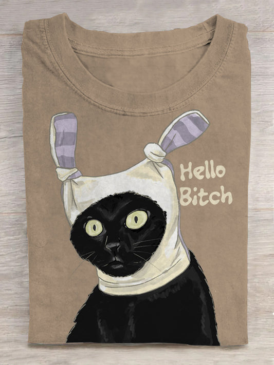 Hello Bitch Funny Cat Creative Print Casual T-shirt