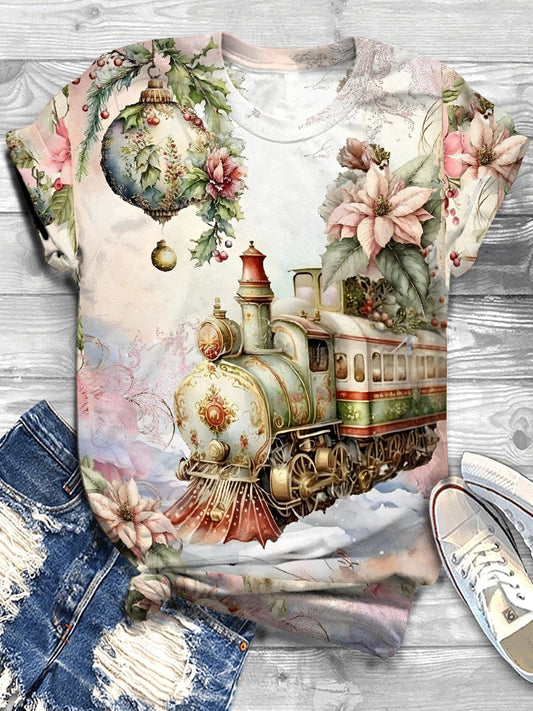 Christmas Train Print Crew Neck T-shirt