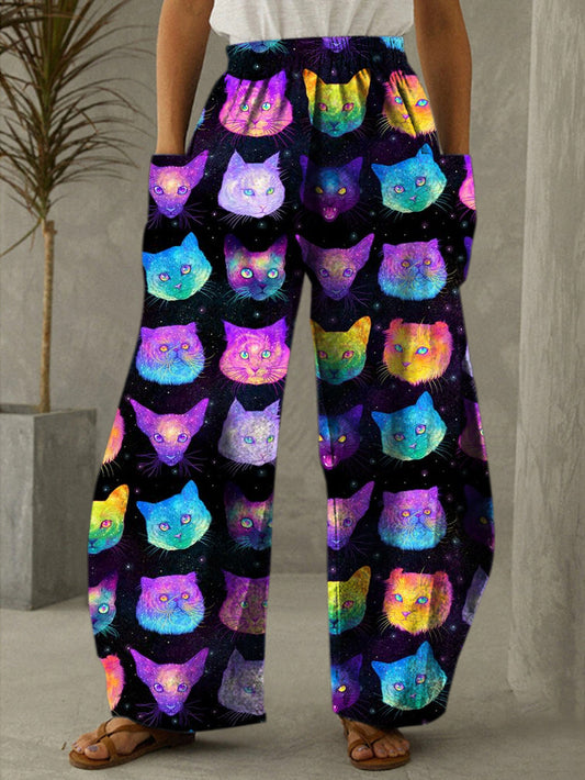 Women's Colorful Cat Head Print Casual Pants