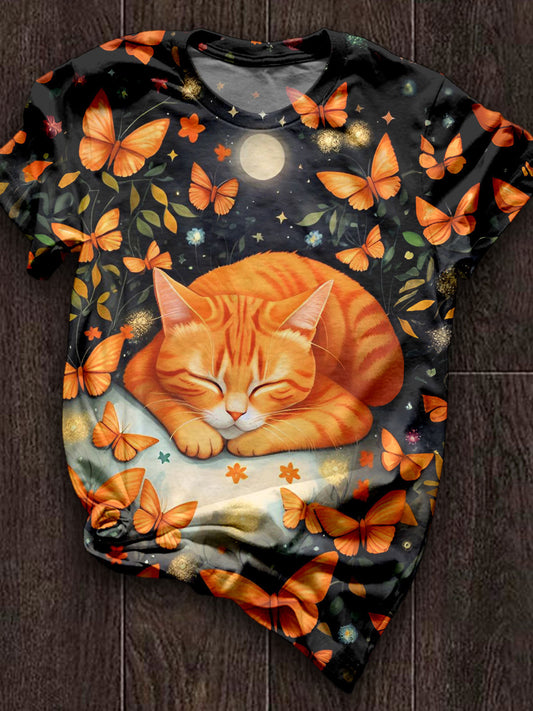 Sleeping Cat And Butterfly Pattern Crew Neck T-shirt