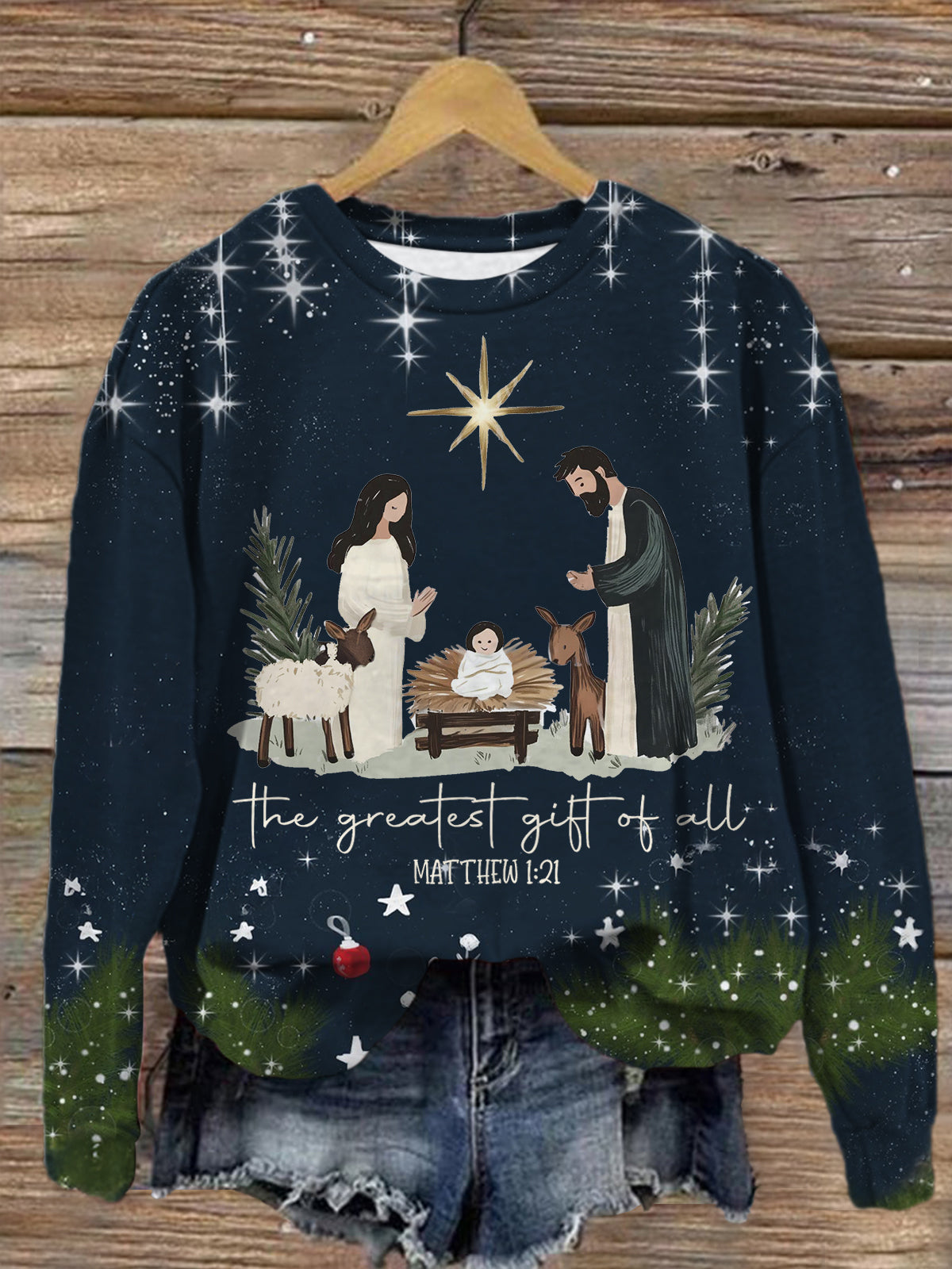 Christmas Nativity Christian Faith Printed Long Sleeve Casual Top