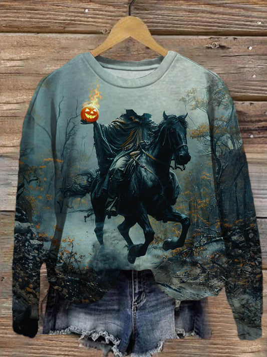 Women's Headless Horseman Art Print Round Neck Long Sleeve Top