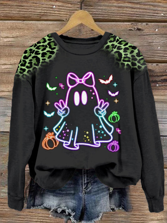 Women's Neon Ghost With Bow Round Neck Long Sleeve Top