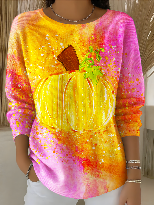 Fall Pumpkin Print Casual Crew Neck Pullover Sweater