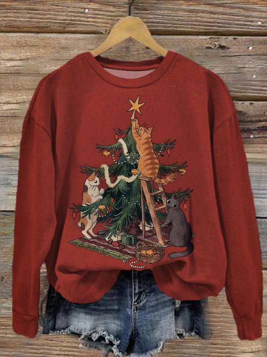 Cat Christmas Tree Printed Long Sleeve Casual Top