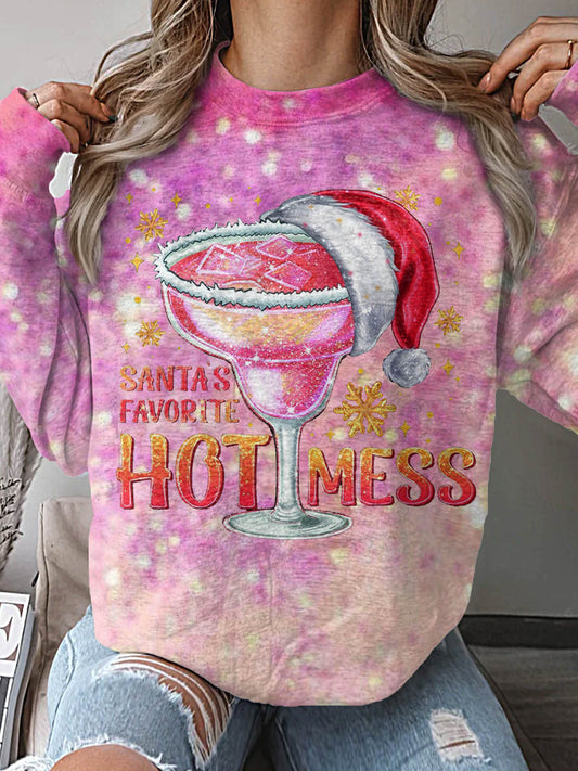 Santa's Favorite Hot Mess Christmas Print Long Sleeve Top