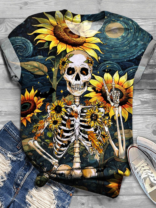 Women's Retro Autumn Sunflower Skull Crew Neck T-shirt