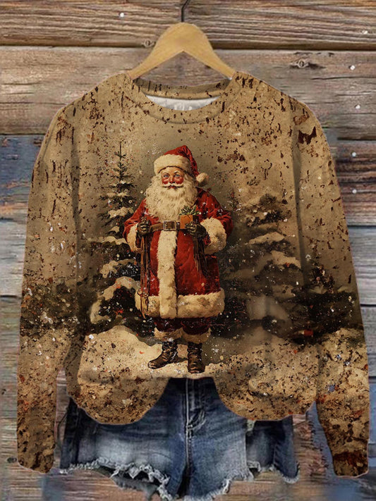 Vintage Santa Print Crew Neck Long Sleeve Top