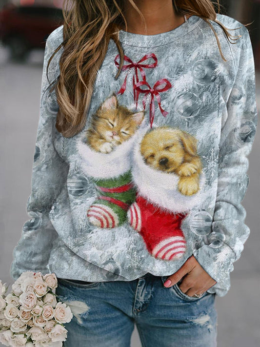 Holiday Sock Kitten Puppy Printed Crew Neck Long Sleeve Casual Sweatshirt