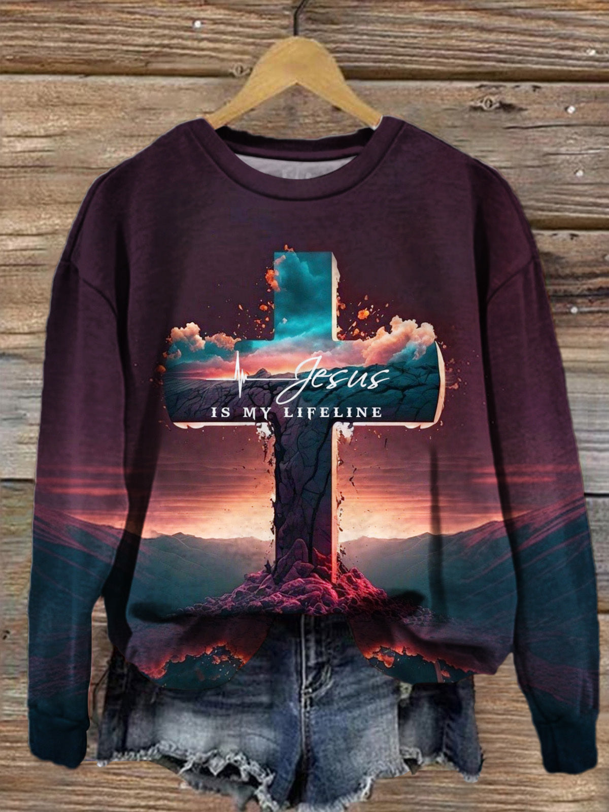 Jesus Is My Lifeline Printed Long Sleeve Casual Top