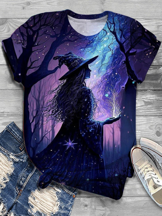 Forest Witch Print Round Neck Short Sleeve T-Shirt