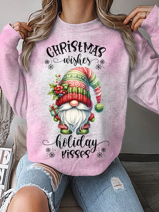 Women's Gnome Christmas Holiday Print Crew Neck Casual Sweatshirt