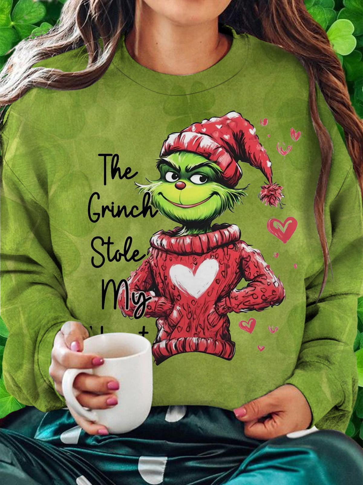 Green Monster Stole My Heart Valentines Printed Long Sleeve Casual Top