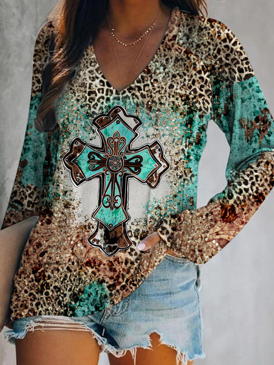 Women's Leopard Cross Print Long Sleeve Top