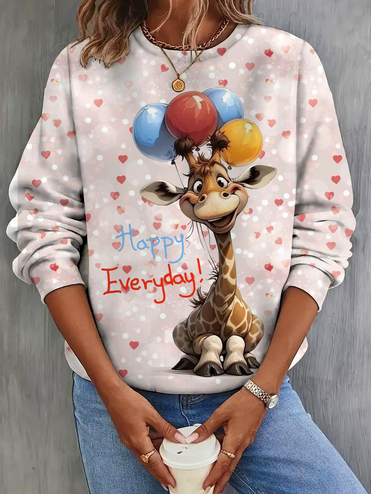 Happy Everyday Giraffe Balloon Print Long Sleeve Top