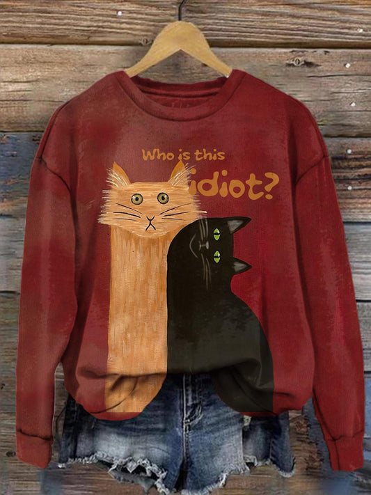 Who Is This Idiot Cat Retro Print Long Sleeve Top