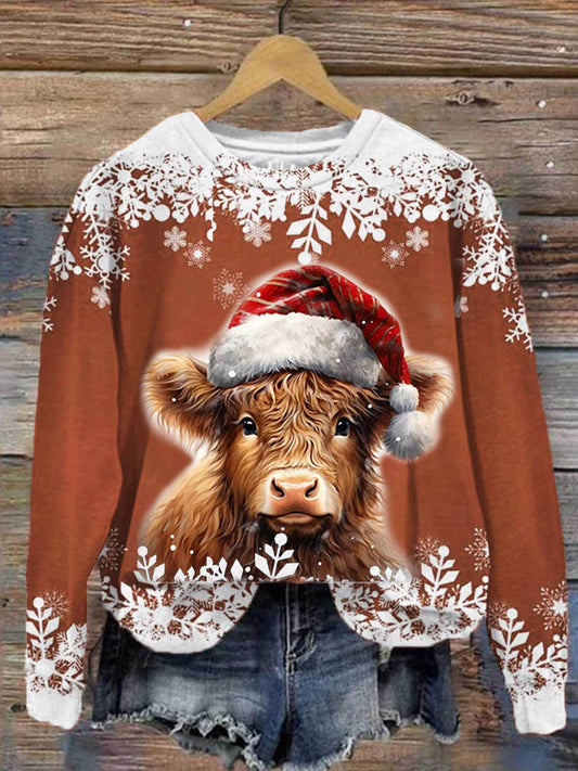 Christmas Winter Highland Cow Print Long Sleeve Top