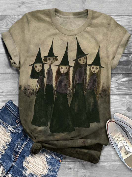 Witch Vintage Distressed Casual Crew Neck T-Shirt