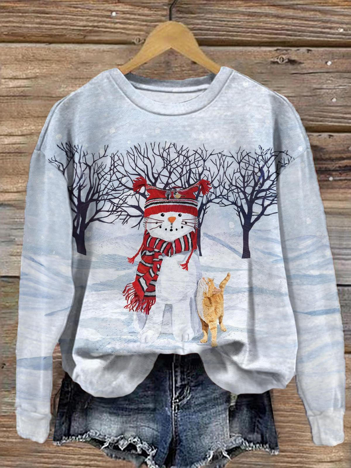 Women's Cute Snowman And Cat Christmas Printed Long Sleeve Casual Sweatshirt