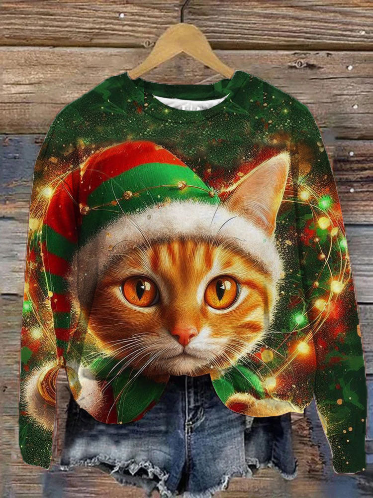 Christmas Cats Printed Long Sleeve Casual Top