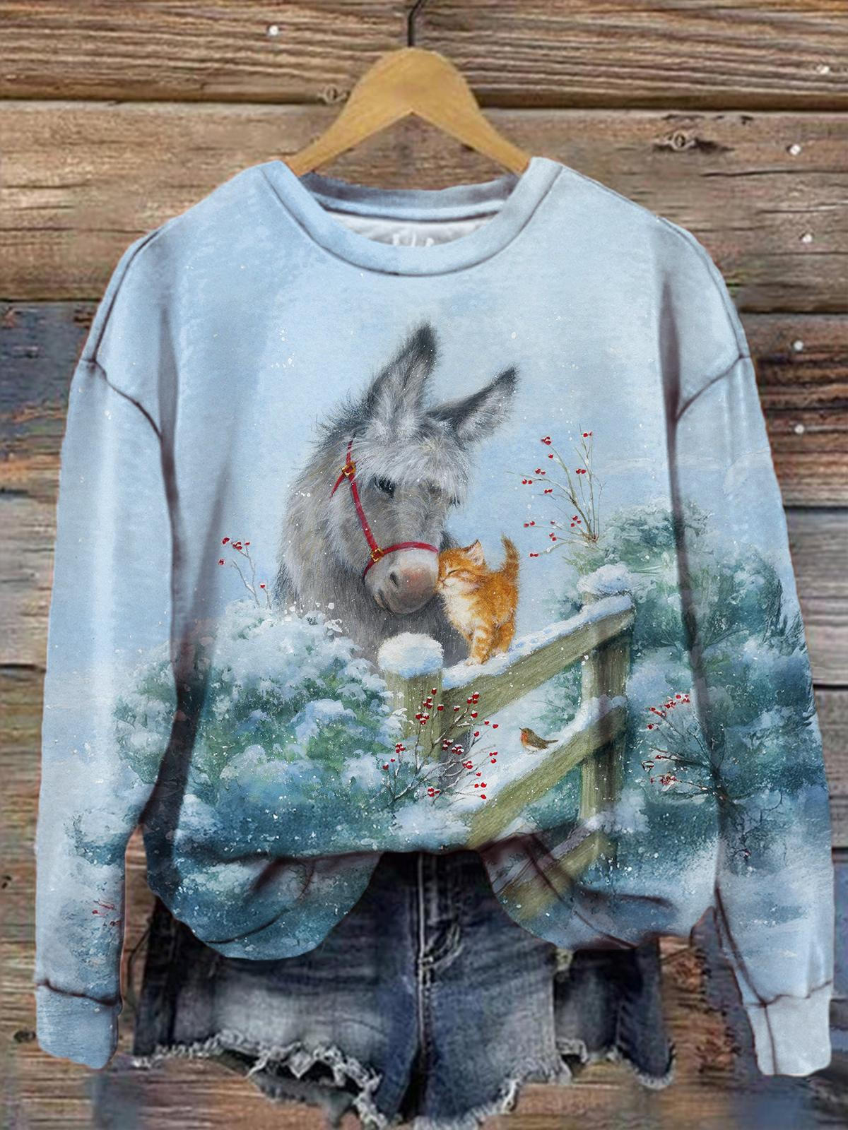 Women's Winter Cat and Donkey Print Long Sleeve Top