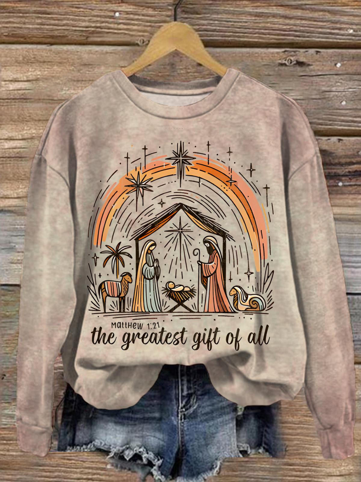 Greatest Gift Of All Jesus Nativity Printed Long Sleeve Casual Top