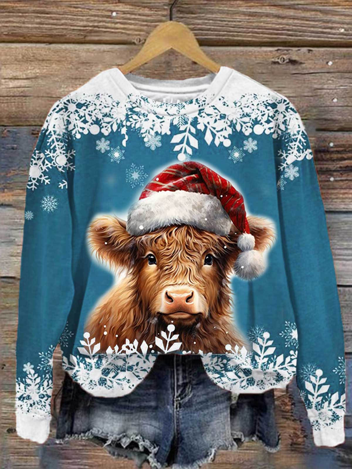 Christmas Winter Highland Cow Print Long Sleeve Top