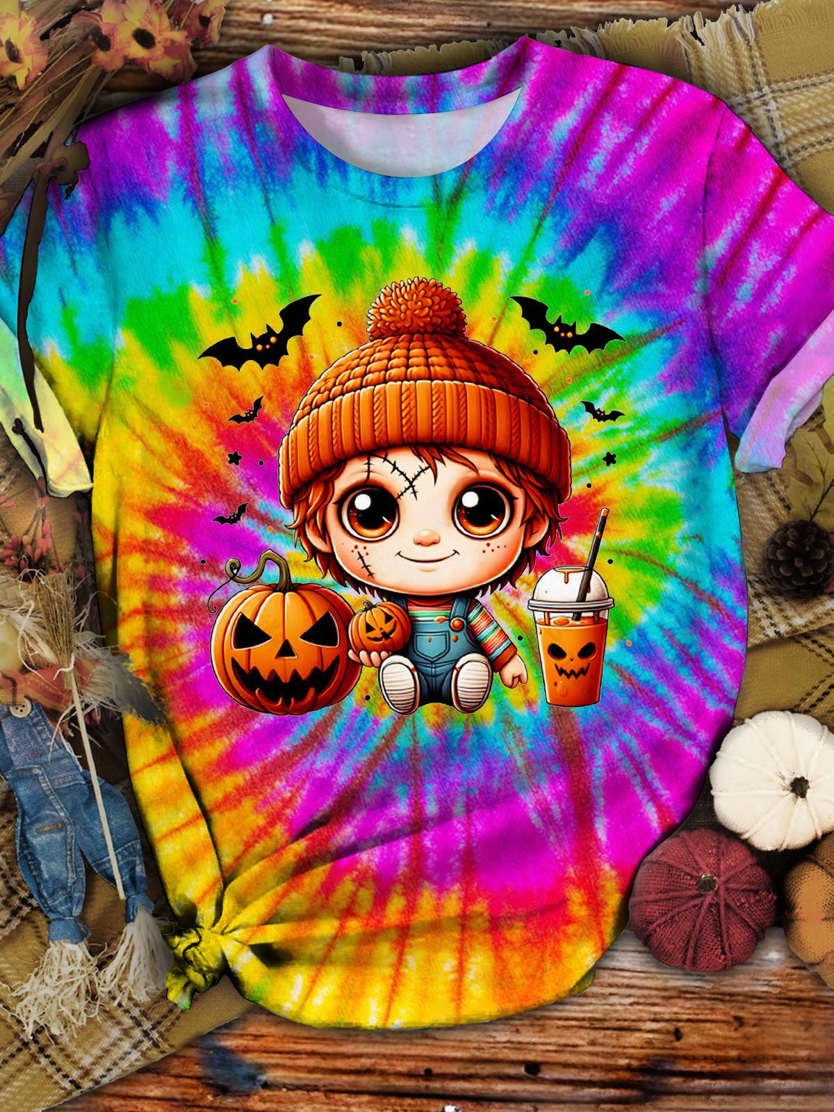 Women's Cute Pumpkin Halloween Tie-Dye Print T-Shirt