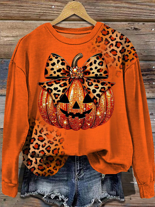 Women's Halloween Leopard Pumpkin Print  Long Sleeve Top